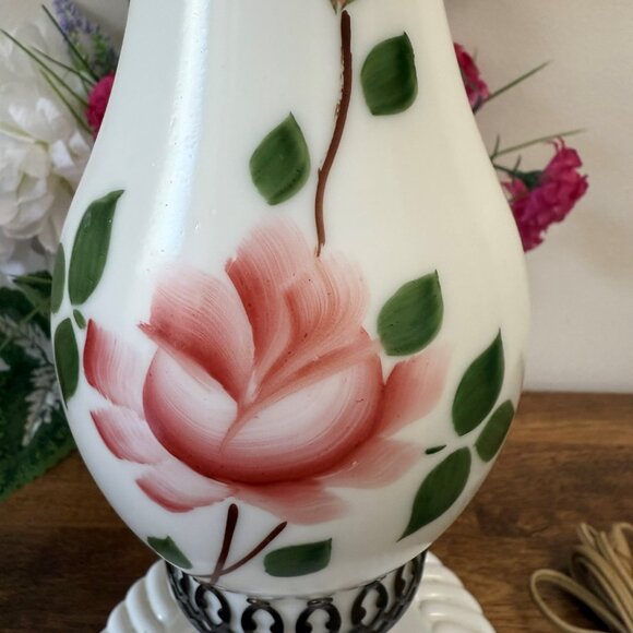 Hand Painted‎ Milk Glass Lamp Pink Rose Design Dim and Bright Switch Vintage - Picture 2 of 5